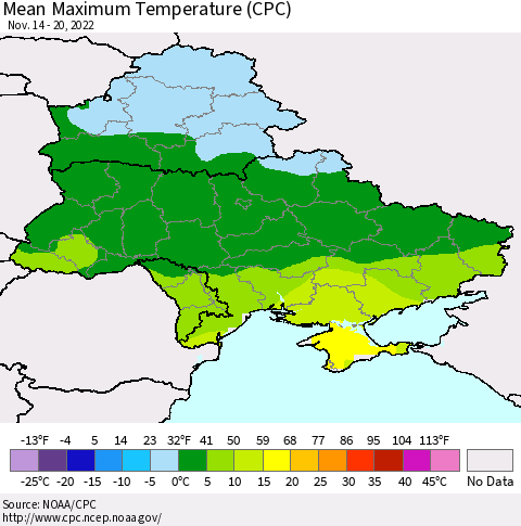Ukraine, Moldova and Belarus Mean Maximum Temperature (CPC) Thematic Map For 11/14/2022 - 11/20/2022