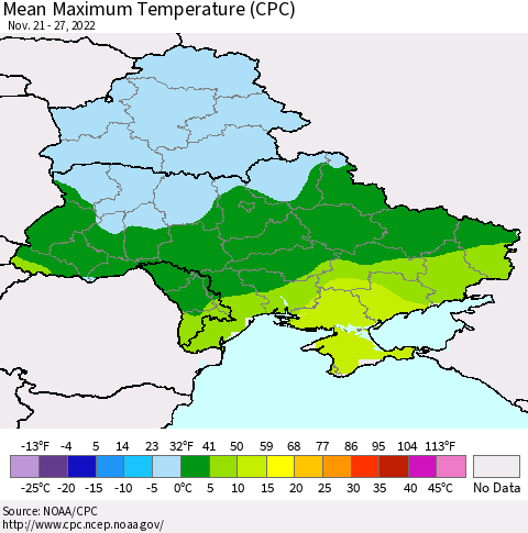 Ukraine, Moldova and Belarus Mean Maximum Temperature (CPC) Thematic Map For 11/21/2022 - 11/27/2022