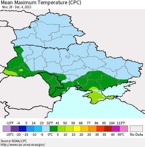Ukraine, Moldova and Belarus Mean Maximum Temperature (CPC) Thematic Map For 11/28/2022 - 12/4/2022