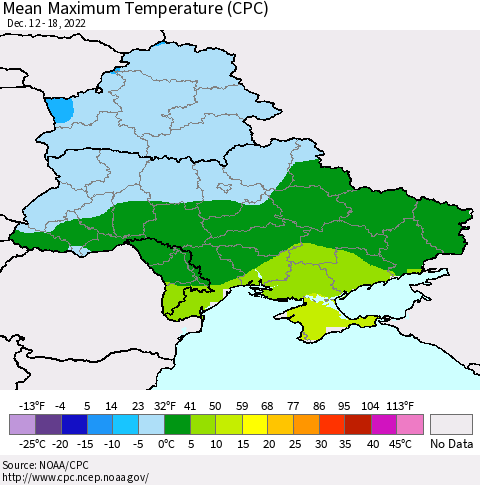 Ukraine, Moldova and Belarus Mean Maximum Temperature (CPC) Thematic Map For 12/12/2022 - 12/18/2022