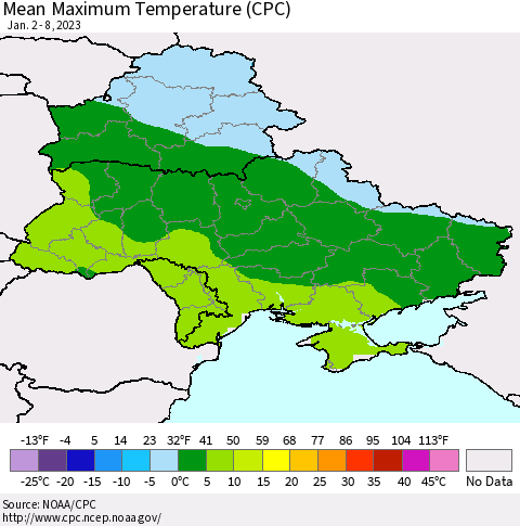 Ukraine, Moldova and Belarus Mean Maximum Temperature (CPC) Thematic Map For 1/2/2023 - 1/8/2023