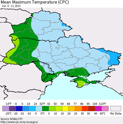 Ukraine, Moldova and Belarus Mean Maximum Temperature (CPC) Thematic Map For 1/9/2023 - 1/15/2023