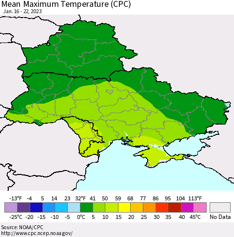 Ukraine, Moldova and Belarus Mean Maximum Temperature (CPC) Thematic Map For 1/16/2023 - 1/22/2023