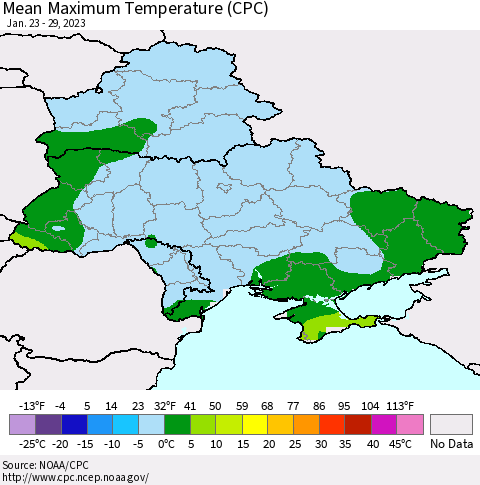Ukraine, Moldova and Belarus Mean Maximum Temperature (CPC) Thematic Map For 1/23/2023 - 1/29/2023