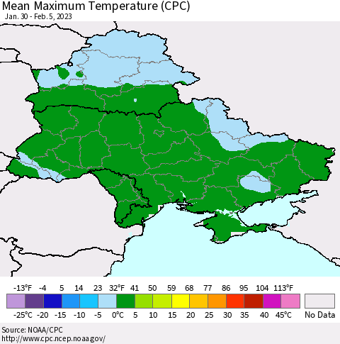 Ukraine, Moldova and Belarus Mean Maximum Temperature (CPC) Thematic Map For 1/30/2023 - 2/5/2023