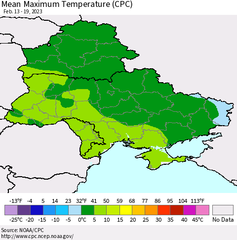 Ukraine, Moldova and Belarus Mean Maximum Temperature (CPC) Thematic Map For 2/13/2023 - 2/19/2023