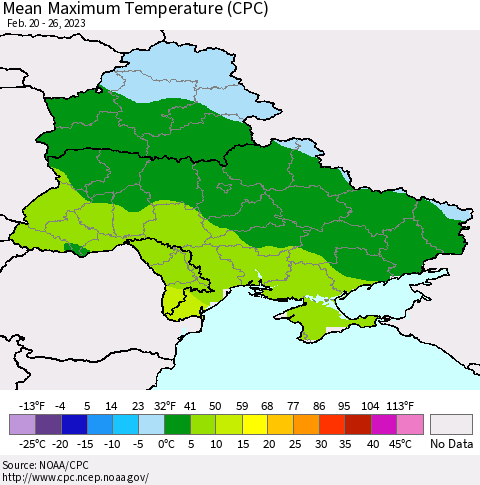 Ukraine, Moldova and Belarus Mean Maximum Temperature (CPC) Thematic Map For 2/20/2023 - 2/26/2023