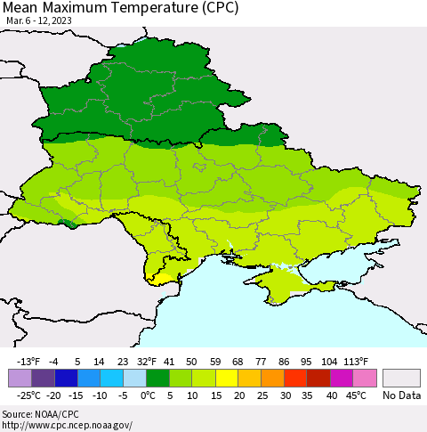 Ukraine, Moldova and Belarus Mean Maximum Temperature (CPC) Thematic Map For 3/6/2023 - 3/12/2023