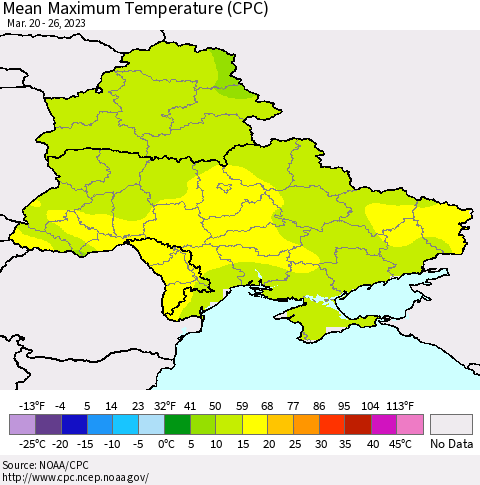 Ukraine, Moldova and Belarus Mean Maximum Temperature (CPC) Thematic Map For 3/20/2023 - 3/26/2023