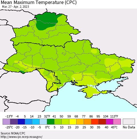 Ukraine, Moldova and Belarus Mean Maximum Temperature (CPC) Thematic Map For 3/27/2023 - 4/2/2023