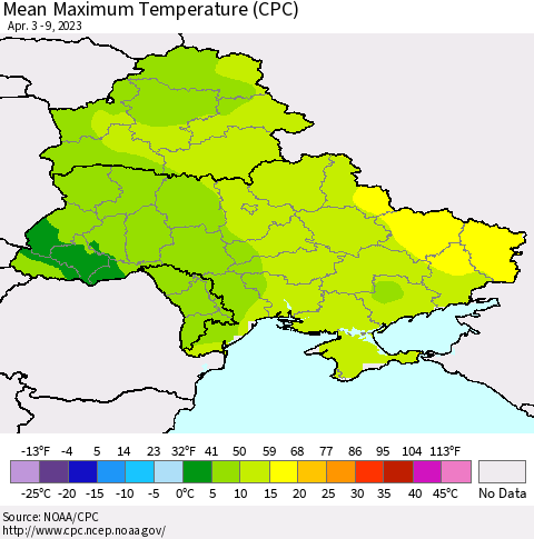 Ukraine, Moldova and Belarus Mean Maximum Temperature (CPC) Thematic Map For 4/3/2023 - 4/9/2023