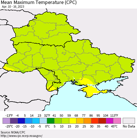 Ukraine, Moldova and Belarus Mean Maximum Temperature (CPC) Thematic Map For 4/10/2023 - 4/16/2023