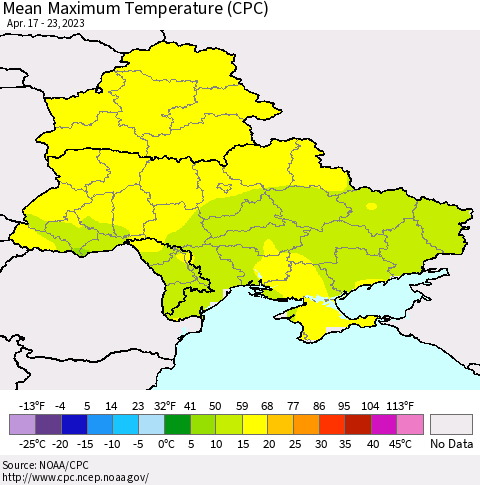 Ukraine, Moldova and Belarus Mean Maximum Temperature (CPC) Thematic Map For 4/17/2023 - 4/23/2023