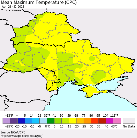 Ukraine, Moldova and Belarus Mean Maximum Temperature (CPC) Thematic Map For 4/24/2023 - 4/30/2023