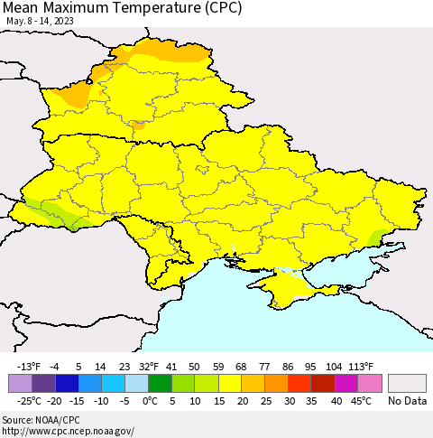 Ukraine, Moldova and Belarus Mean Maximum Temperature (CPC) Thematic Map For 5/8/2023 - 5/14/2023