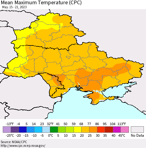 Ukraine, Moldova and Belarus Mean Maximum Temperature (CPC) Thematic Map For 5/15/2023 - 5/21/2023