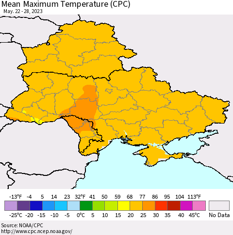 Ukraine, Moldova and Belarus Mean Maximum Temperature (CPC) Thematic Map For 5/22/2023 - 5/28/2023