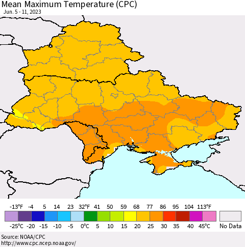 Ukraine, Moldova and Belarus Mean Maximum Temperature (CPC) Thematic Map For 6/5/2023 - 6/11/2023