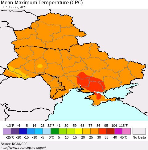 Ukraine, Moldova and Belarus Mean Maximum Temperature (CPC) Thematic Map For 6/19/2023 - 6/25/2023
