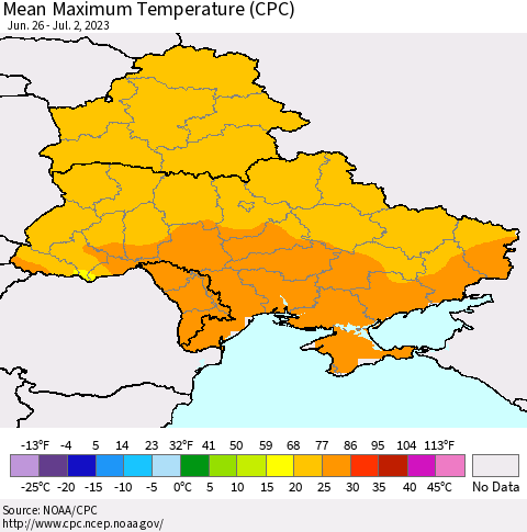 Ukraine, Moldova and Belarus Mean Maximum Temperature (CPC) Thematic Map For 6/26/2023 - 7/2/2023