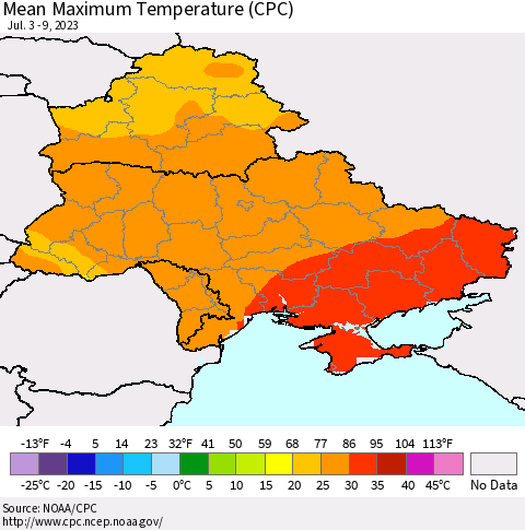 Ukraine, Moldova and Belarus Mean Maximum Temperature (CPC) Thematic Map For 7/3/2023 - 7/9/2023