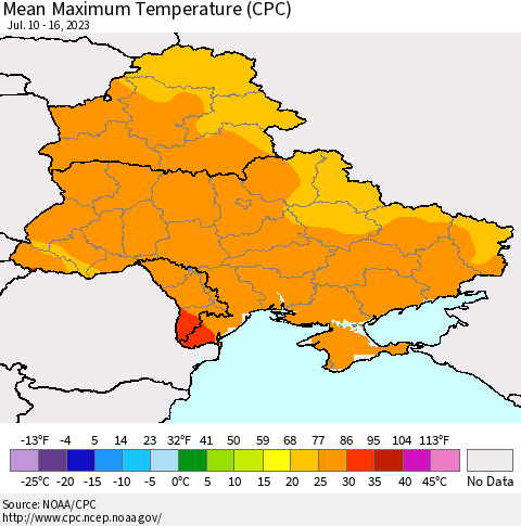 Ukraine, Moldova and Belarus Mean Maximum Temperature (CPC) Thematic Map For 7/10/2023 - 7/16/2023