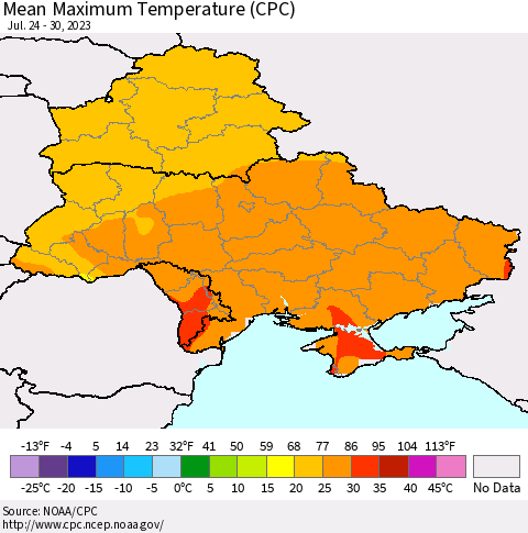 Ukraine, Moldova and Belarus Mean Maximum Temperature (CPC) Thematic Map For 7/24/2023 - 7/30/2023