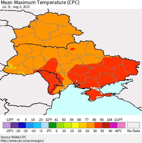 Ukraine, Moldova and Belarus Mean Maximum Temperature (CPC) Thematic Map For 7/31/2023 - 8/6/2023