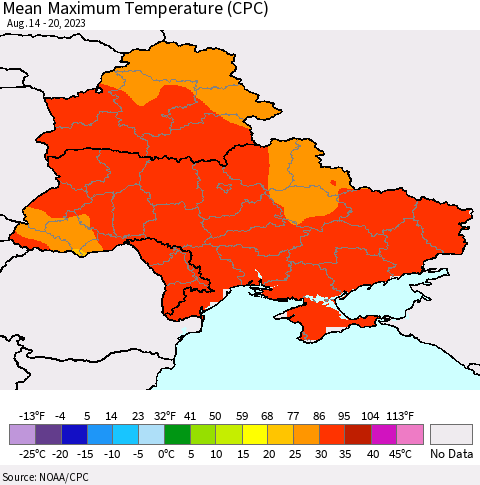 Ukraine, Moldova and Belarus Mean Maximum Temperature (CPC) Thematic Map For 8/14/2023 - 8/20/2023