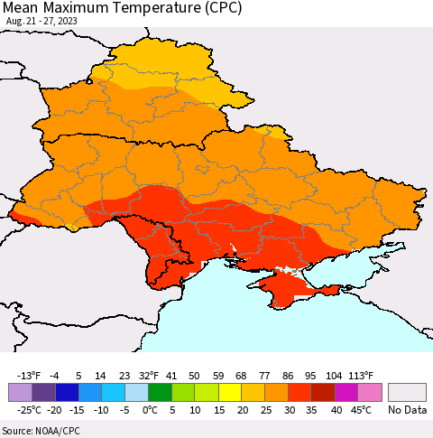 Ukraine, Moldova and Belarus Mean Maximum Temperature (CPC) Thematic Map For 8/21/2023 - 8/27/2023