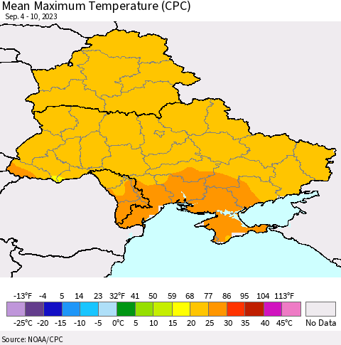 Ukraine, Moldova and Belarus Mean Maximum Temperature (CPC) Thematic Map For 9/4/2023 - 9/10/2023