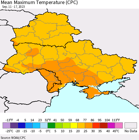 Ukraine, Moldova and Belarus Mean Maximum Temperature (CPC) Thematic Map For 9/11/2023 - 9/17/2023