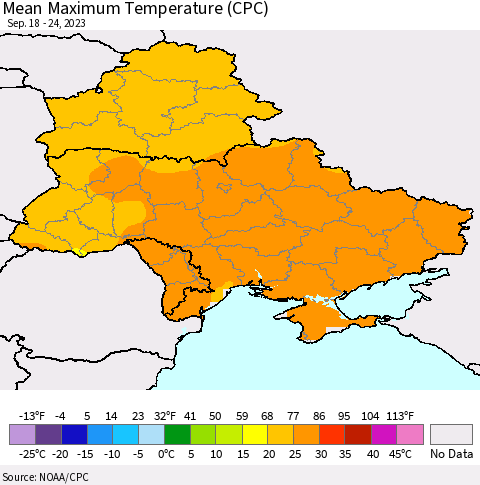 Ukraine, Moldova and Belarus Mean Maximum Temperature (CPC) Thematic Map For 9/18/2023 - 9/24/2023