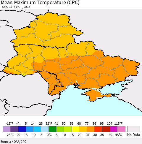 Ukraine, Moldova and Belarus Mean Maximum Temperature (CPC) Thematic Map For 9/25/2023 - 10/1/2023