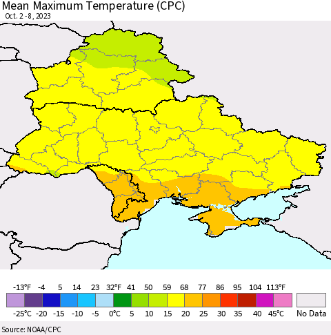 Ukraine, Moldova and Belarus Mean Maximum Temperature (CPC) Thematic Map For 10/2/2023 - 10/8/2023