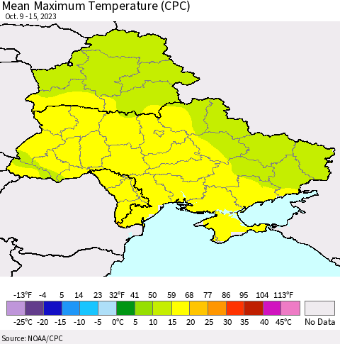 Ukraine, Moldova and Belarus Mean Maximum Temperature (CPC) Thematic Map For 10/9/2023 - 10/15/2023