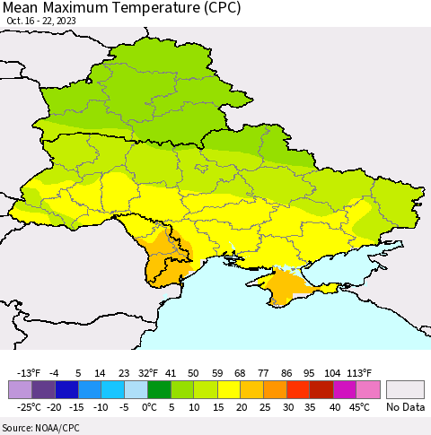 Ukraine, Moldova and Belarus Mean Maximum Temperature (CPC) Thematic Map For 10/16/2023 - 10/22/2023