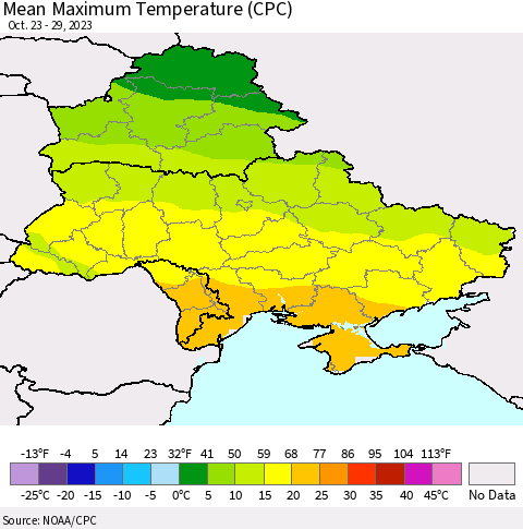 Ukraine, Moldova and Belarus Mean Maximum Temperature (CPC) Thematic Map For 10/23/2023 - 10/29/2023