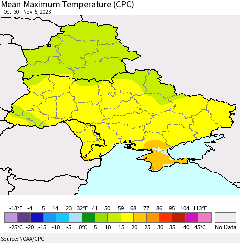 Ukraine, Moldova and Belarus Mean Maximum Temperature (CPC) Thematic Map For 10/30/2023 - 11/5/2023