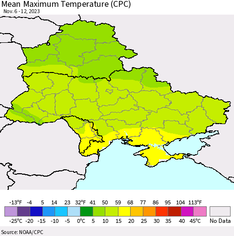 Ukraine, Moldova and Belarus Mean Maximum Temperature (CPC) Thematic Map For 11/6/2023 - 11/12/2023