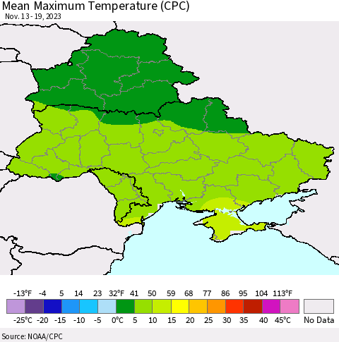 Ukraine, Moldova and Belarus Mean Maximum Temperature (CPC) Thematic Map For 11/13/2023 - 11/19/2023