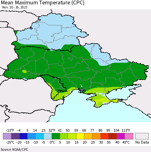 Ukraine, Moldova and Belarus Mean Maximum Temperature (CPC) Thematic Map For 11/20/2023 - 11/26/2023