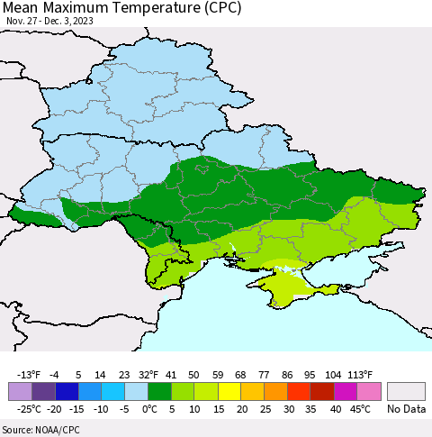 Ukraine, Moldova and Belarus Mean Maximum Temperature (CPC) Thematic Map For 11/27/2023 - 12/3/2023