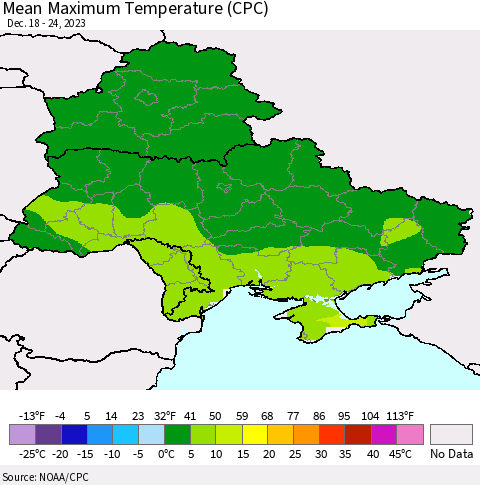 Ukraine, Moldova and Belarus Mean Maximum Temperature (CPC) Thematic Map For 12/18/2023 - 12/24/2023