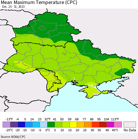 Ukraine, Moldova and Belarus Mean Maximum Temperature (CPC) Thematic Map For 12/25/2023 - 12/31/2023