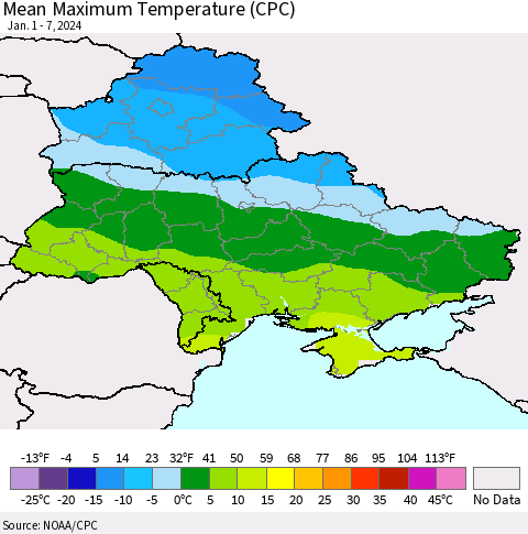 Ukraine, Moldova and Belarus Mean Maximum Temperature (CPC) Thematic Map For 1/1/2024 - 1/7/2024