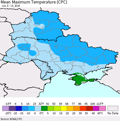 Ukraine, Moldova and Belarus Mean Maximum Temperature (CPC) Thematic Map For 1/8/2024 - 1/14/2024