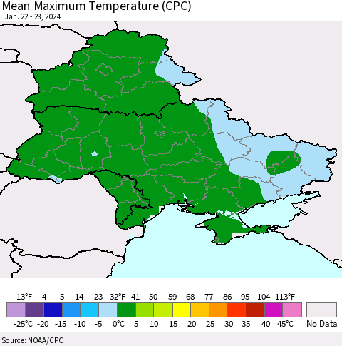 Ukraine, Moldova and Belarus Mean Maximum Temperature (CPC) Thematic Map For 1/22/2024 - 1/28/2024
