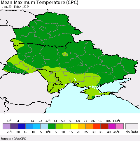 Ukraine, Moldova and Belarus Mean Maximum Temperature (CPC) Thematic Map For 1/29/2024 - 2/4/2024