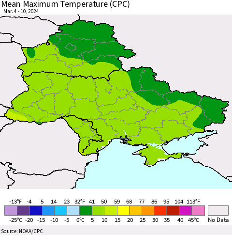 Ukraine, Moldova and Belarus Mean Maximum Temperature (CPC) Thematic Map For 3/4/2024 - 3/10/2024